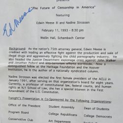 Edwin Meese Autographed Poster: "Future of Censorship," 1993. Free shipping.