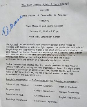 Edwin Meese Autographed Poster: "Future of Censorship," 1993. Free shipping.