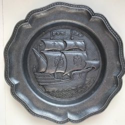 Spanish Pewter Galleon Plate: Vintage Wall Hanging Decor