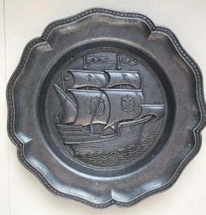 Spanish Pewter Galleon Plate: Vintage Wall Hanging Decor