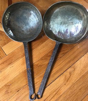 Copper skillets (2):   Hand-forged with long steel handles. Circa 1700's 1800's. Free shipping!
