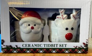 Santa and Rudolph Ceramic Tidbit Set, Handpainted Christmas Decor