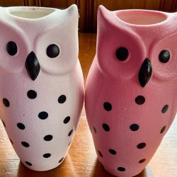 Owl vases, ~7” tall, ~3.5” wide, ~3” deep. Set of 2, painted ceramic, one pink, one white.Great teacher gift w sprig of flowers.Free ship.