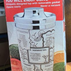 Irvinware 1976 Glass Cocktail Shaker, 32 oz. Metal Top, Recipe Graphics (Astoria NY)