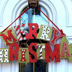 Glittery Merry Christmas Sign, Funky Artsy Wood Door Hanger (16" x 7")