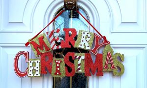 Glittery Merry Christmas Sign, Funky Artsy Wood Door Hanger (16" x 7")
