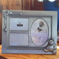 Byrnes of Boston Pewter Baby Collage Frame, Teddy Bear Bow Accents (9”x7”)