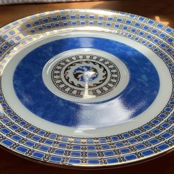 Christofle Byzance Bleu Porcelain Breakfast Set: 1 Cup, 2 Saucers, Gold Dolphins