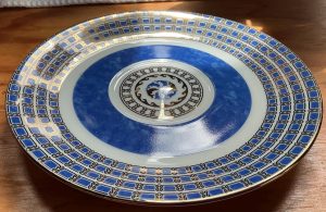 Christofle Byzance Bleu Porcelain Breakfast Set: 1 Cup, 2 Saucers, Gold Dolphins