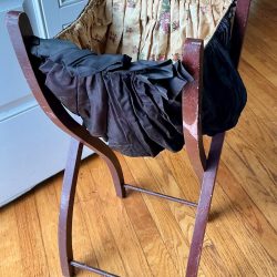 Antique French Wooden Sewing Basket with Folding Stand, Floral Fabric