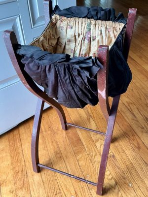 Antique French Wooden Sewing Basket with Folding Stand, Floral Fabric