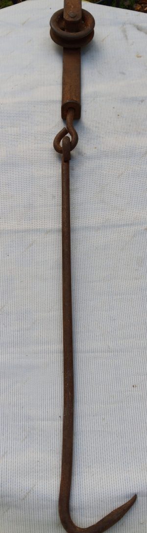 Tram rail steel pulley door roller hanger, butcher meat hook. Antique.  USA.